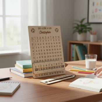 Personalisiertes 1x1‑Lernbrett aus Holz mit graviertem Namen und passender Lesehilfe im Bleistift‑Design.